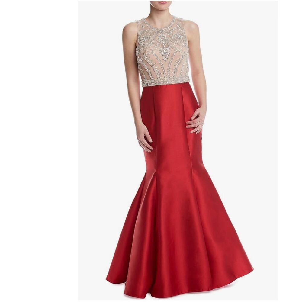 Xscape Beaded Illusion Top Satin Mermaid Skirt‎ Gown Red Nude Size 0